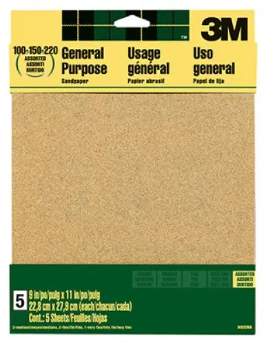 3M 100-Grit Aluminum Oxide Sandpaper – 9″ x 11″, 5-Sheet Pack
