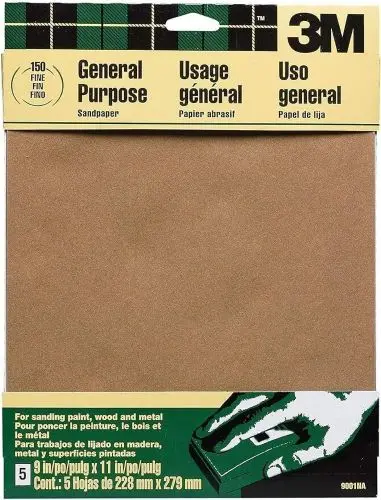 3M 150-Grit Aluminum Oxide Sandpaper – 9″ x 11″, 5-Sheet Pack