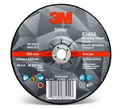 3M Silver Depressed-Center Grinding Wheel – Type 27, 4″ Diameter × 3/8″ Thickness, AB87455