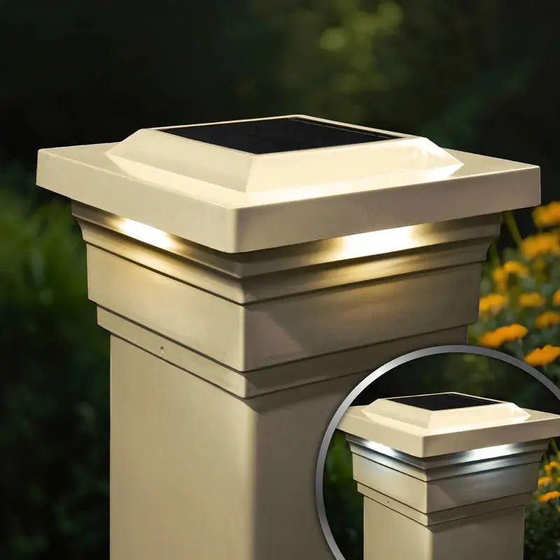 5″ x 5″ Tan PVC Solar Post Cap with Dual Lighting – Majestic Design