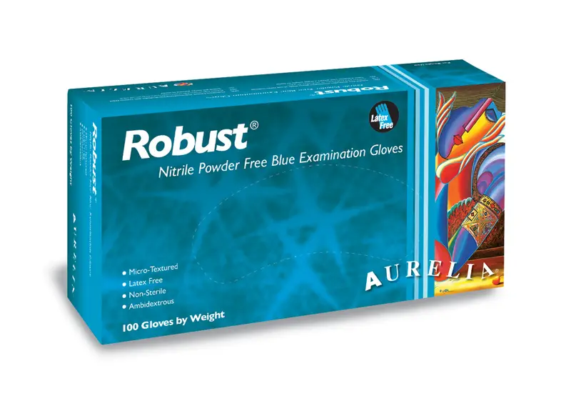 Aurelia Robust Blue Nitrile Disposable Gloves – Powder-Free, 4.5-mil Palm / 5.5-mil Fingers, Multiple Sizes (93896–93899)