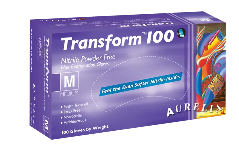 Aurelia Transform 100 Nitrile Powder-Free Disposable Gloves – Transblue, 3.2 Mil, 200 per Box, Model 9889A6