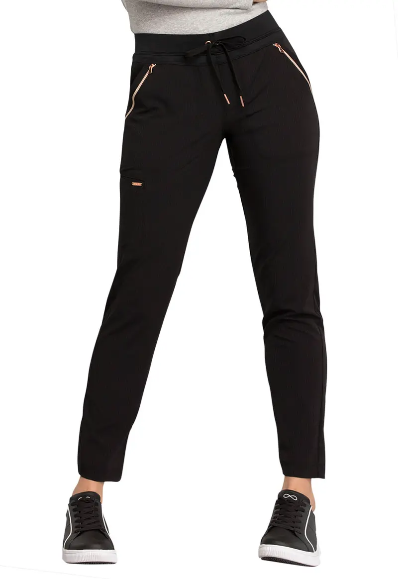 Cherokee Women’s Statement Scrub Pants – Mid-Rise Tapered Leg with Drawstring in Black (Style CK055)