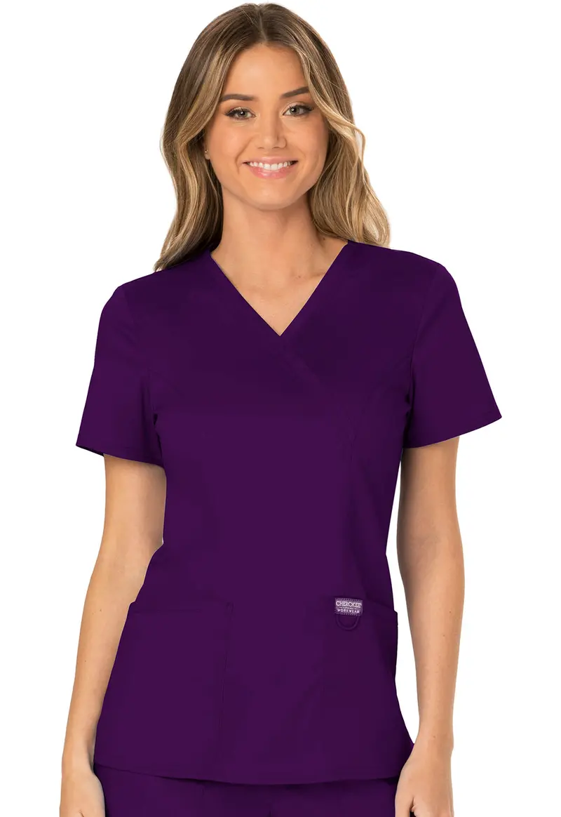 Cherokee WW Women’s Revolution Mock Wrap Scrub Top in Eggplant (WW610)