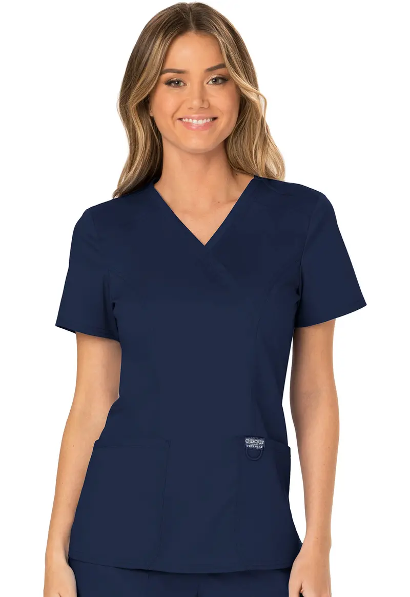 Cherokee WW Women’s Revolution Mock Wrap Scrub Top in Navy Blue (WW610)