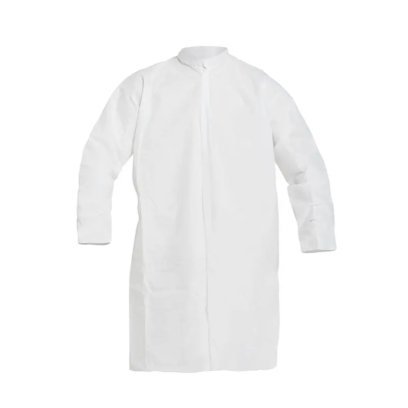 DuPont ProShield® 10 White Knee-Length Frock – Mandarin Collar, Enclosed Elastic Cuffs, Knit Cuffs, Front Snap, Serged Seams PB267S