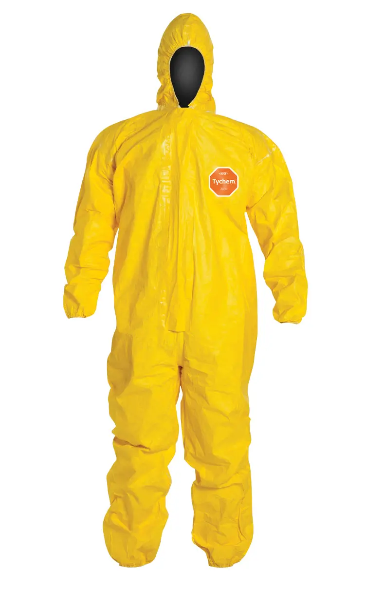 DuPont Tychem® 2000 Full-Seal Hooded Coveralls – Elastic Wrists & Ankles, Storm Flap with Adhesive, Taped Seams, Yellow (Case of 4, QC127T)