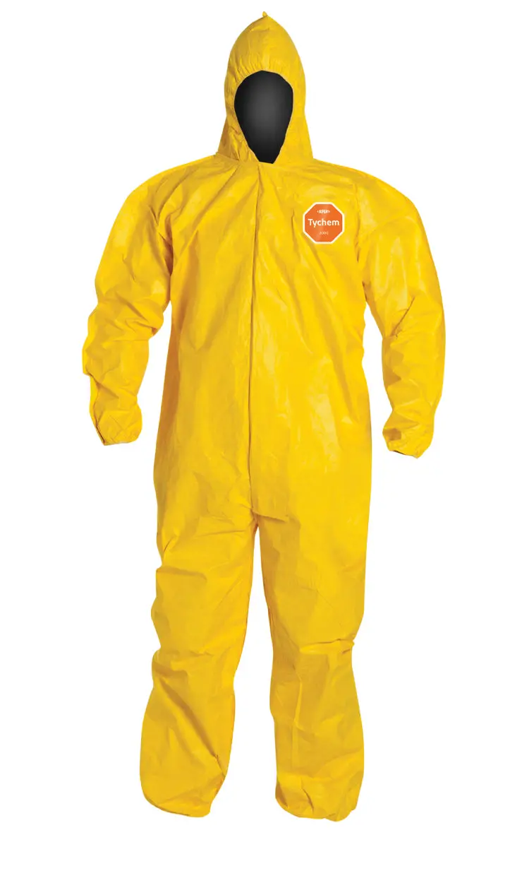 DuPont Tychem® 2000 Hooded Coveralls – Standard Fit, Stormflap, Elastic Wrists & Ankles, Bound Seams, Yellow (Case of 12, QC127B)