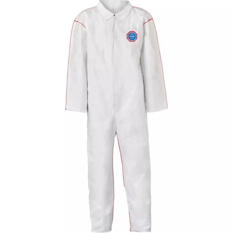 DuPont Tyvek® 400 SFR Collar-Style Coveralls with Open Cuffs and Ankles, Relaxed Fit, Storm Flap, Red Zipper, Red External Serged Seams – White, Case of 25 (ST120)