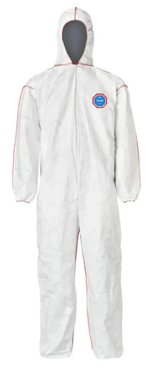 DuPont Tyvek® 400 SFR Standard-Fit Hooded Coveralls with Elastic Cuffs and Ankles, Storm Flap, Red Zipper, Red Serged Seams – White, Pack of 25 (ST127)