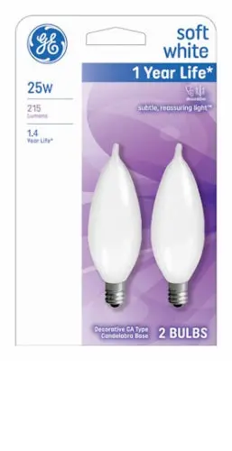GE Flame Shape Decorative Bulbs – 25W Soft White Candelabra, 2-Pack