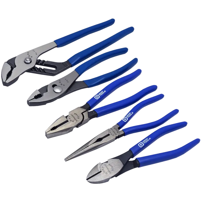 Gray Tools 5-Piece Professional Pliers Set – Lineman’s, Needle-Nose, Diagonal, Adjustable, Slip-Joint – B5PLS