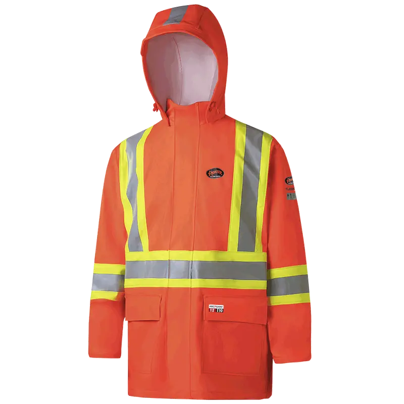 Hi-Vis Arc-Rated Rain Jacket – Flame-Resistant PU/Cotton Shell, Pioneer 5880/5881