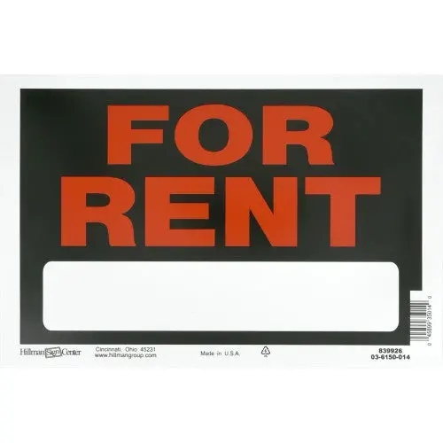 Hillman Weatherproof “For Rent” Sign – 8″ x 12″, Black & Red Plastic (Pack of 60)