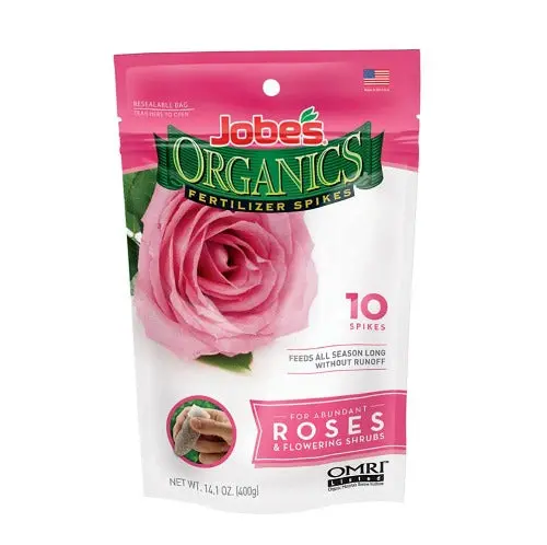 Jobe’s Organic Rose & Flowering Shrub Fertilizer Spikes (3-5-3) – 10-Pack, 8 Sets