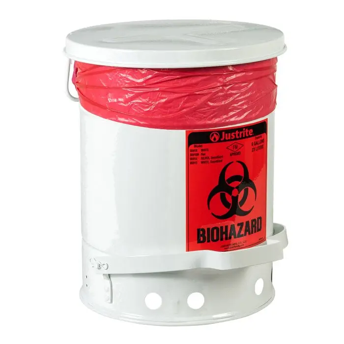 Justrite Biohazard Waste Can – 6-Gallon, Foot-Operated, Self-Closing, White