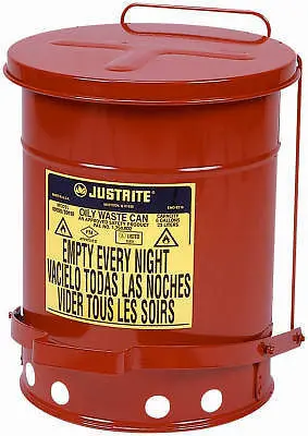 Justrite Oily Waste Can – 6-Gallon Red Steel Safety Container with Lid Lever and Self-Closing Mechanism