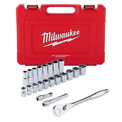 Milwaukee 22-Piece 1/2″ Drive SAE Ratchet & Socket Set – Featuring FOUR FLAT™ Side Design, 48-22-9410
