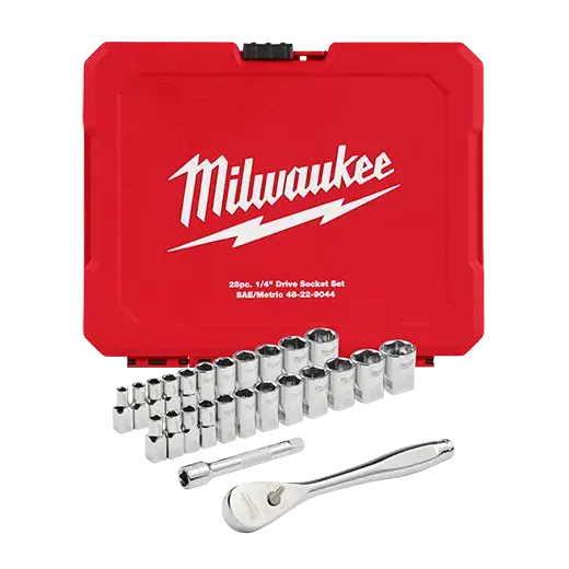 Milwaukee 25-Piece 1/4″ Drive Ratchet & Socket Kit – Metric & SAE with FOUR FLAT™ Design (48-22-9044)