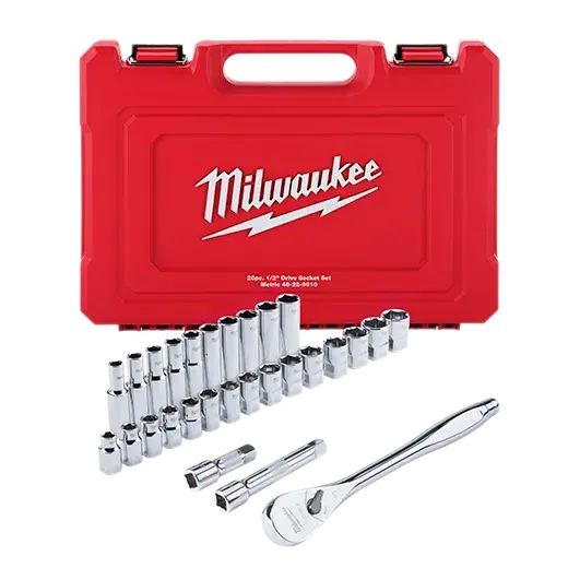 Milwaukee 28-Piece 1/2″ Drive Metric Ratchet & Socket Set – FOUR FLAT™ Side Compatibility, 48-22-9510