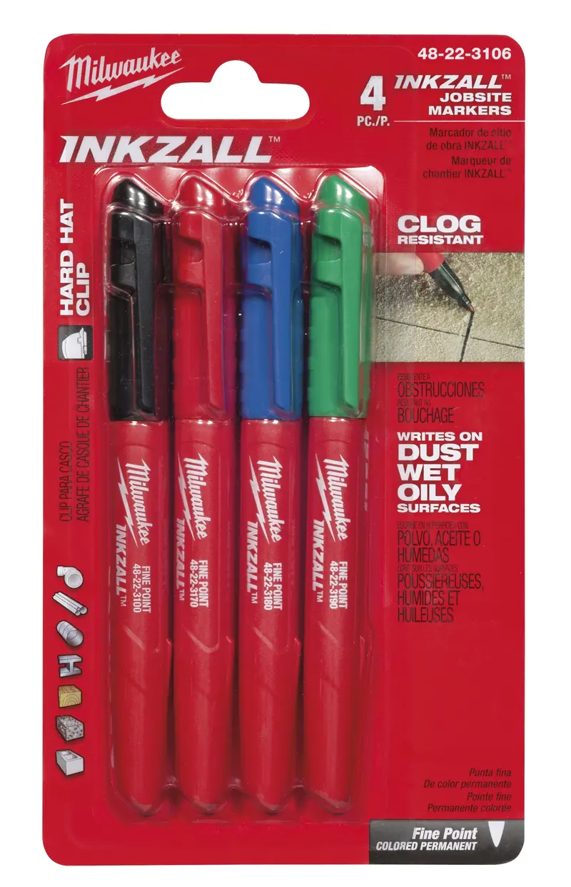 Milwaukee INKZALL™ Fine-Tip Colored Markers (4-Pack) – Precision Writing Tool, 48-22-3106