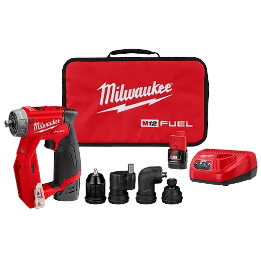 Milwaukee M12 FUEL Installation Drill/Driver Kit – Includes 3/8″ Chuck, Offset Driver, Hex, and Right-Angle Attachments, 2505-22