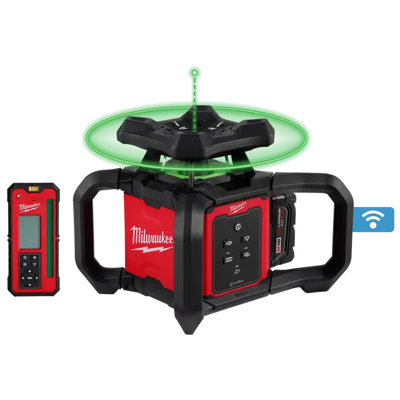 Milwaukee M18 Green Interior Rotary Laser Level Kit with Remote, Receiver & Wall Mount – Model 3702-21
