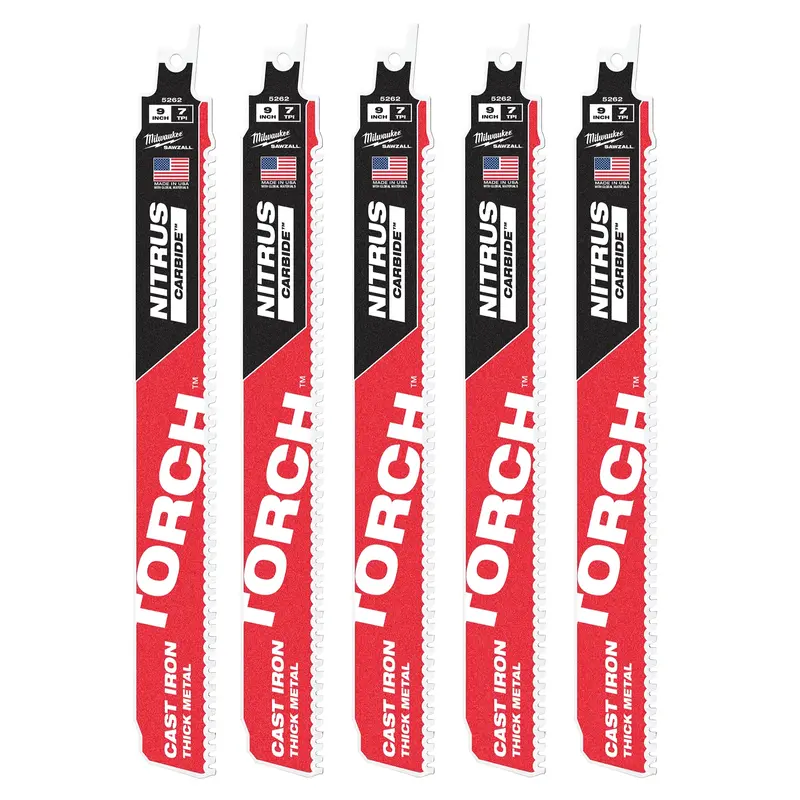 Milwaukee TORCH™ NITRUS™ Carbide SAWZALL® Blades – 9″ or 12″, 8TPI, Cast Iron (5-Pack, Models 48-00-5563 / 48-00-5562)