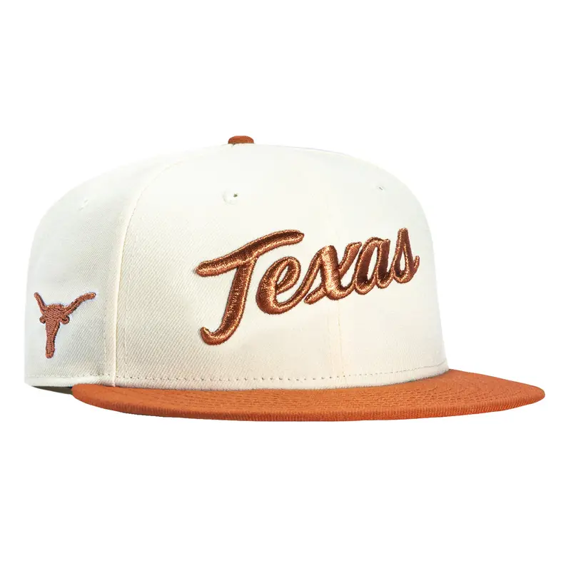 New Era 59Fifty Texas Longhorns Script Logo Cap – White & Burnt Orange