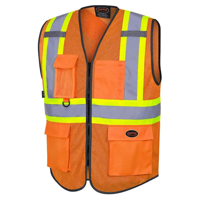 Pioneer Orange Hi-Vis Multipocket Mesh Vest – Zipper Closure (Style 6960)