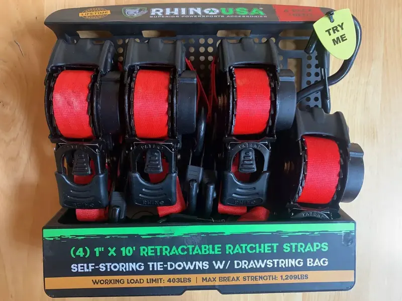 Rhino TD-RSRE1X10-RED-R Retractable Ratchet Straps – 1″ × 10′ Red, 4-Pack
