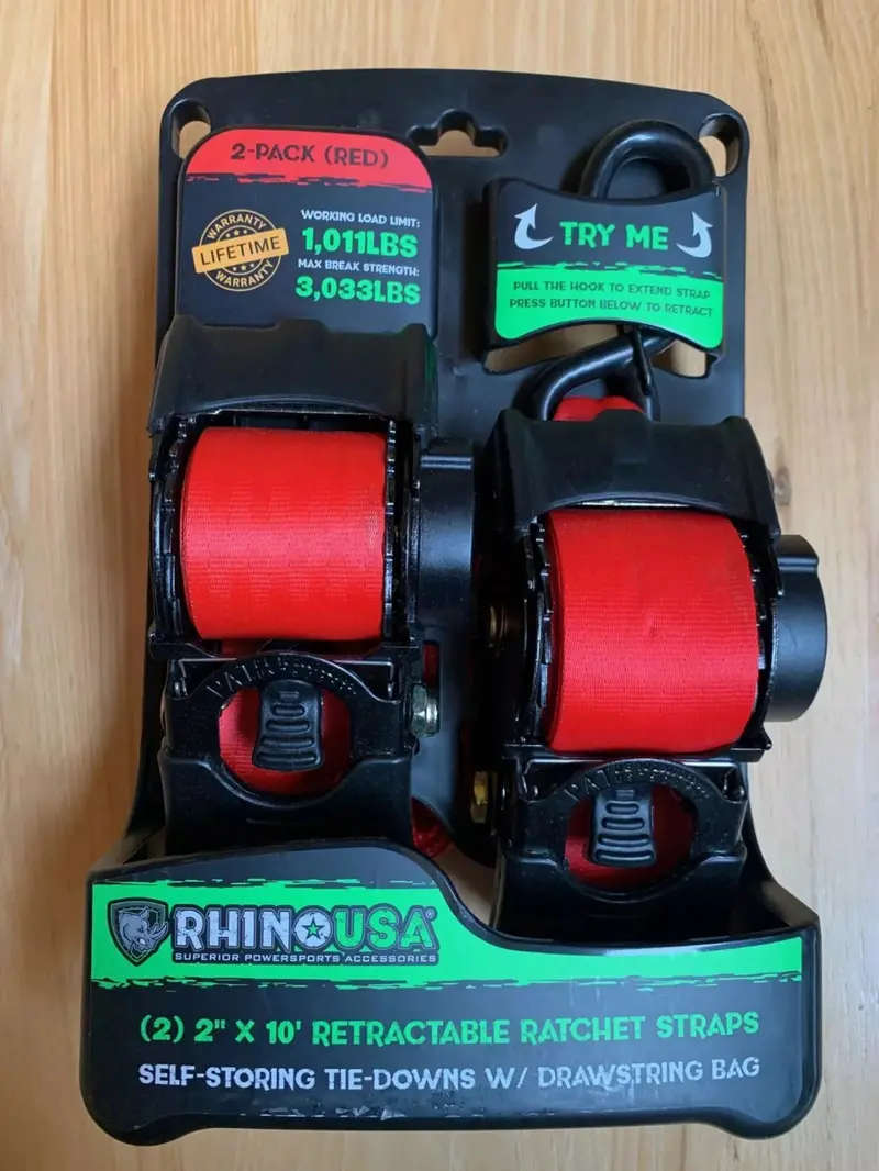 Rhino TD-RSRE2X10-RED-R Heavy-Duty Retractable Ratchet Straps – 2″ × 10′ Red, 2-Pack