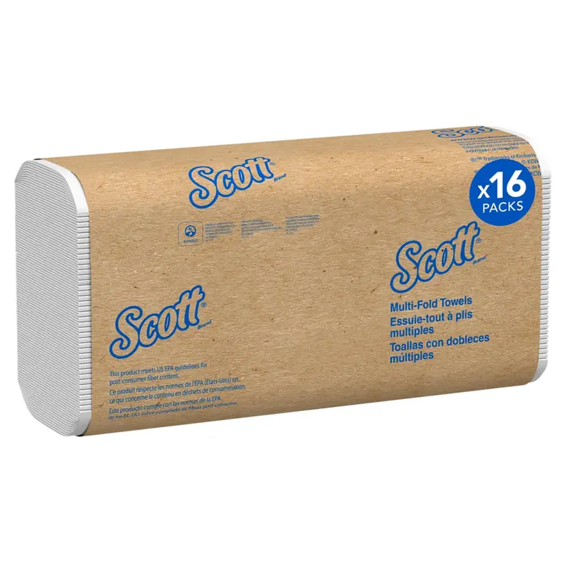 Scott® 100% Recycled Multi-Fold Towels – Sustainable, Eco-Certified Dispenser Sheets (16-Pack Case), SKU 01807