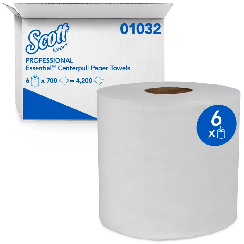 Scott® Essential Center-Pull Paper Towels – 1-Ply Convenient Roll Format (6-Roll Case), SKU 01032