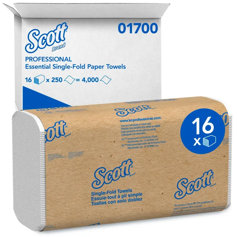 Scott® Essential Single-Fold Towels – 9.3″ × 10.5″ Premium Folded Sheets (16-Pack Case), SKU 01700