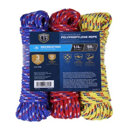 Tru-Guard 643551 Diamond-Braided Polypropylene Rope – 1/4″ × 50′, 3-Roll Pack, 6-Pack