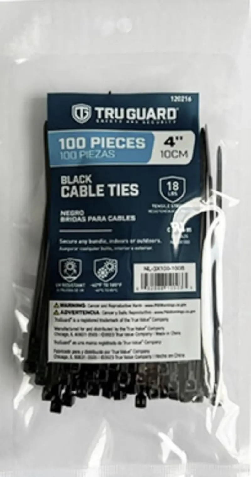 Tru-Guard Black Nylon Zip Ties – 4″, Heavy-Duty Self-Locking, 100-Pack (NL-3X100-100B)