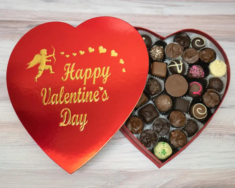 Valentine’s Day Heart-Shaped Chocolate Box – Red Foil Finish, 16 oz