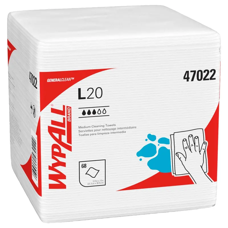 WypAll® GeneralClean™ L20 Medium-Duty Wipers – 1/4-Fold, 12.5″ × 12″, 12-Box Case (47022)