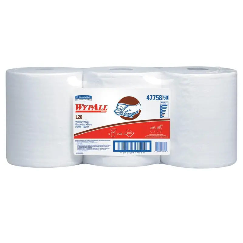 WypAll® L20 Center-Pull Roll Wipers – White, 9.8″ × 13.4″, 3-Roll Case (47758)