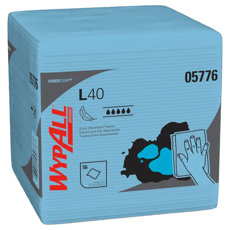 WypAll PowerClean L40 Extra-Absorbent Towels – Blue 1/4-Fold Pack (12-Pack Case), Model 05776