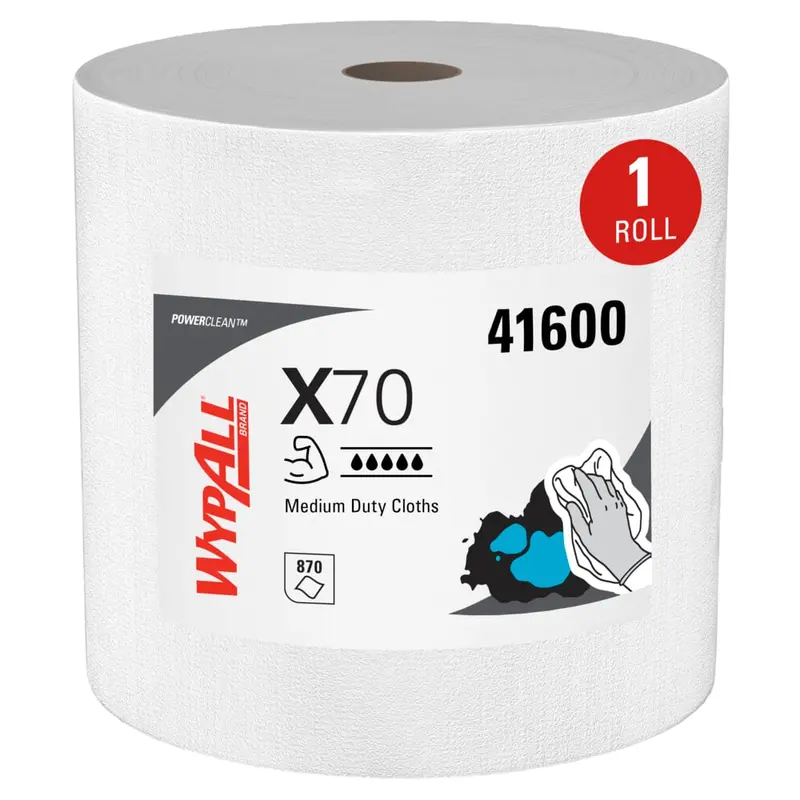 WypAll PowerClean X70 Medium-Duty Wiper Cloths – Jumbo Roll, 12.4″ x 13.4″, 870 Sheets (White or Blue), SKU 41600/41611