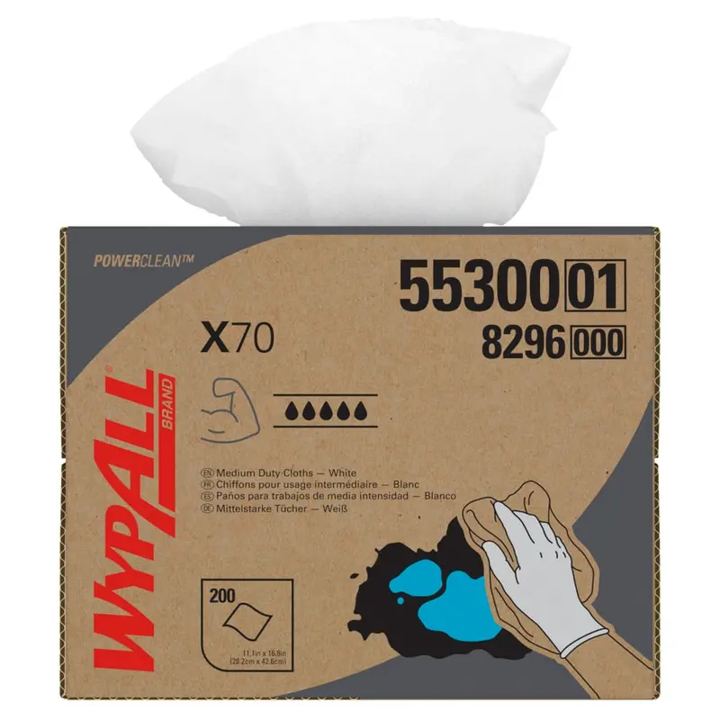 WypAll® PowerClean™ X70 Medium-Duty Wipers – Brag™ Box, 11.1″ × 16.8″, 200-Sheet Case (55300)