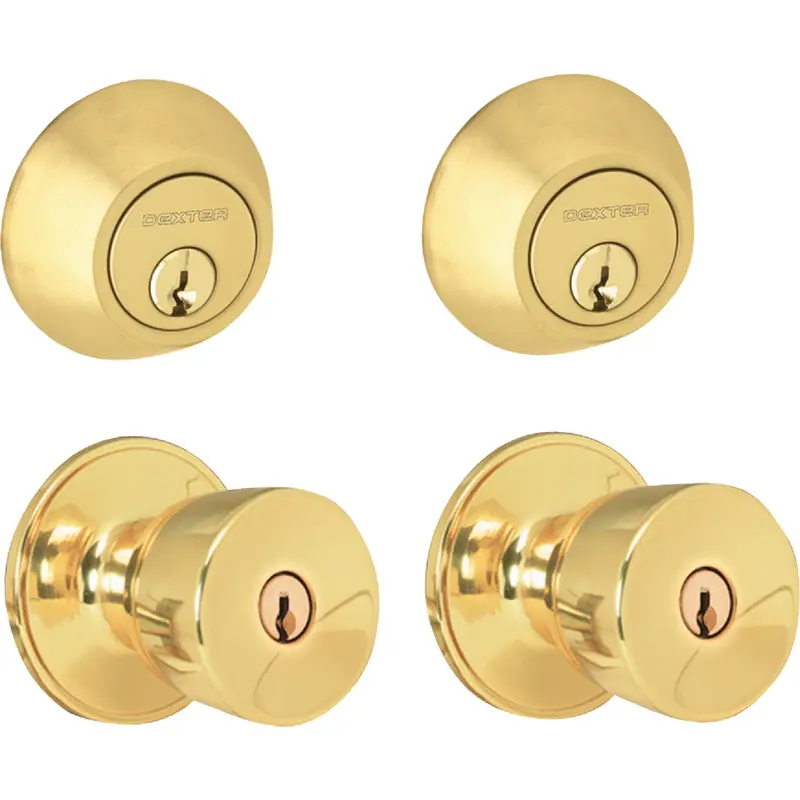 Dexter Bright Brass Entry Hardware Set – Deadbolt And Knob Combo 1